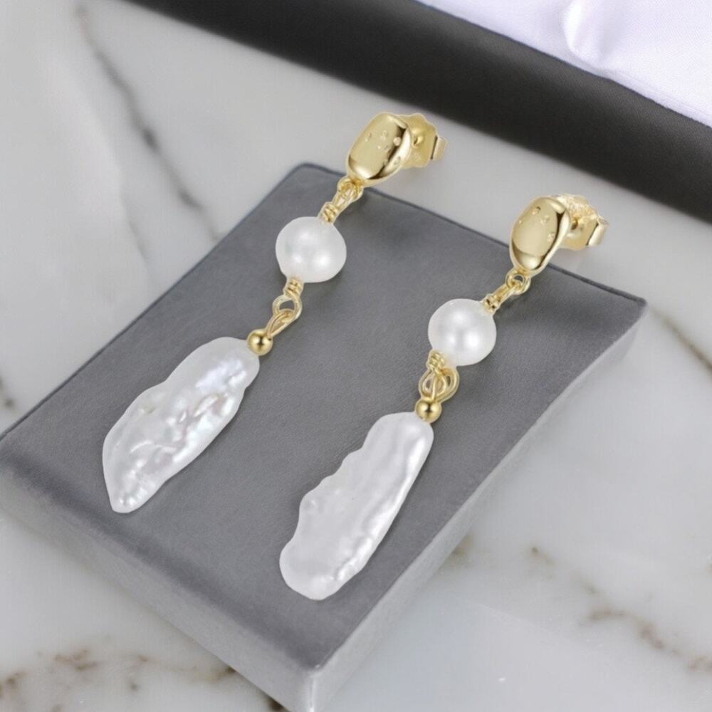 NEW 14K gold plated freshwater baroque pearl drop earrings jewelry gift B19 - Picture 8 of 8